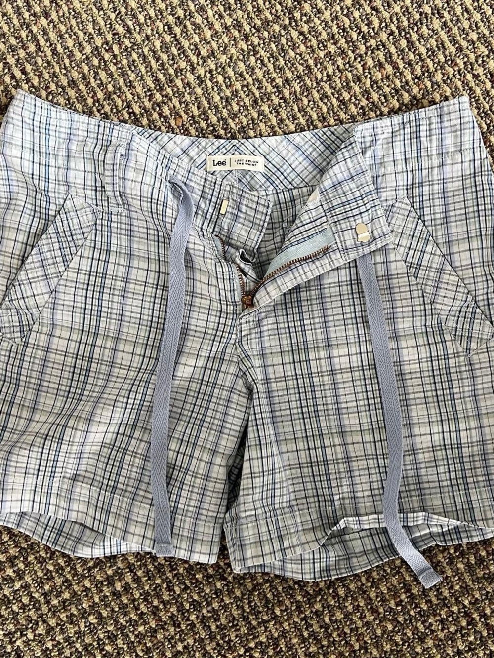 Y2K Low Rise Lee Women's Light Blue Plaid Casual Drawstring Shorts